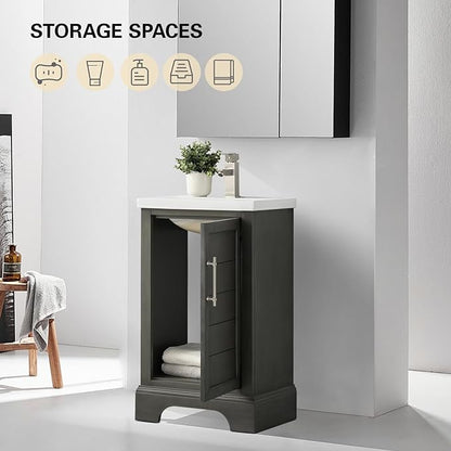 HOMEBEYOND 20 Inch Bathroom Vanity with Single Sink & Ceramic Top, Vanity Cabinet with Center Countertop Basin, Soft-Closing Doors, Sliver Grey