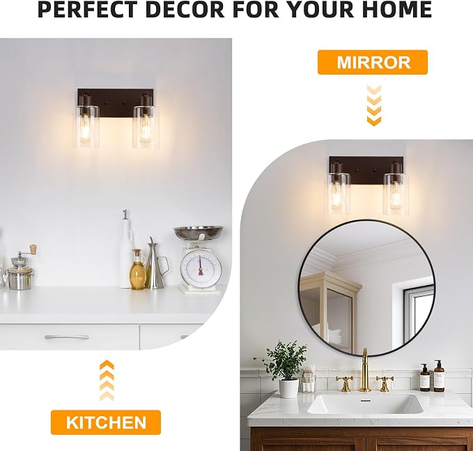 2 Lights Bathroom Light Fixtures Oil Rubbed Bronze Vanity Light with Clear Glass Shade 13in Modern Bathroom Lighting Fixtures Over Mirror for Bedroom/Living Room