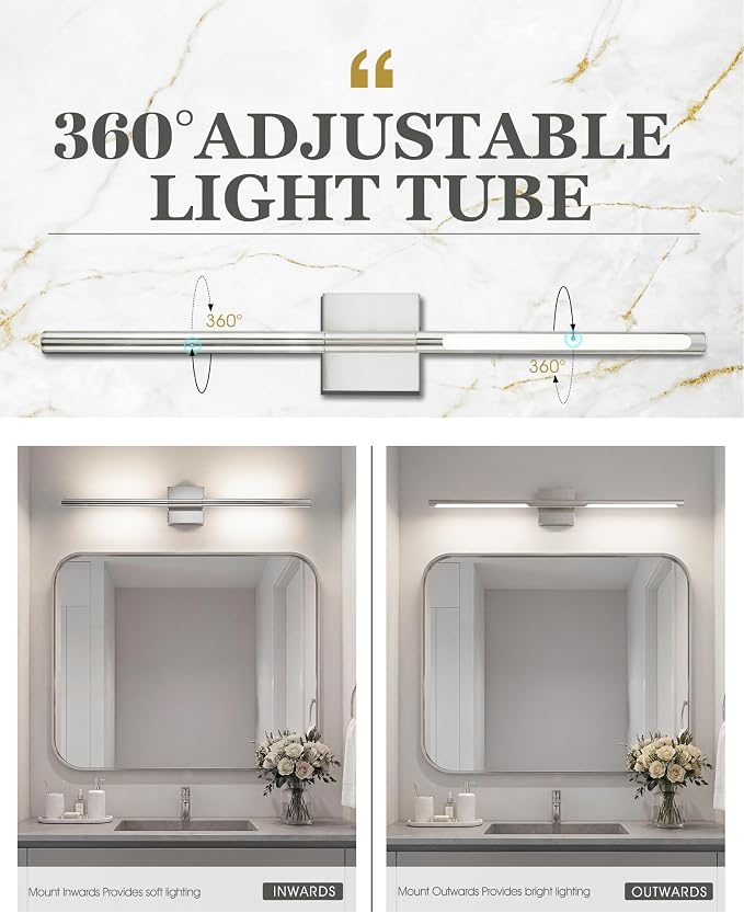 30 Inch Brushed Nickel LED Bathroom Vanity Light, 3CCT Dimmable | 16W, CRI90 Vanity Lighting Fixtures Over Mirror, 360° Rotatable Modern Bathroom Vanity Light Bar, AD-W9465-L75-SN