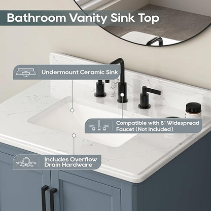 30 Inch Bathroom Vanity with Sink, Single Sink Bathroom Vanity with Adjustable Feet, Solid Wooden Frame Bathroom Storage Cabinet with Soft Closing Doors & Dovetail Drawers, Steel Blue