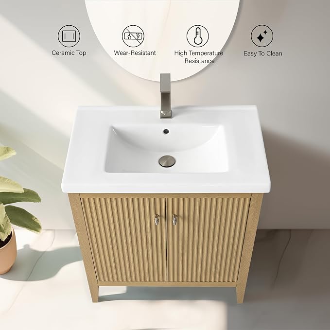 Vanity Art 30 inch Oak Bathroom Vanity with Single Sink & Ceramic Top, Vanity Cabinet with Soft-Closing Door, Solid Wood Frame, Linear Pattern, Natural Oak, VA9130-NO-MB,Matte Black Handles