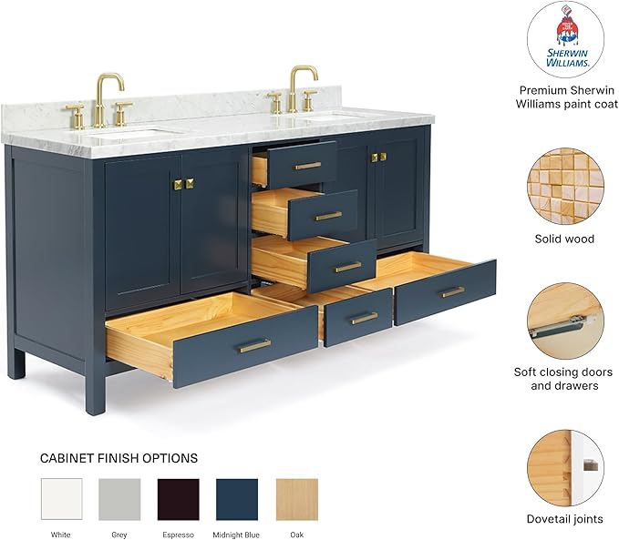DKB Beckford 72 Inch Bathroom Vanity Double Sink — Midnight Blue Bathroom Vanity with Sink, 1.5" Edge Italian Carrara Marble Countertop & Backsplash, 4 Soft-Close Doors, 6 Dovetail Drawers