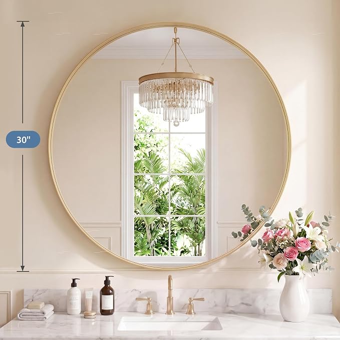 DUMOS Round Wall Mirror 30 Inch, Bathroom Wall Circle Mirror | Bathroom Decor for Entryway, Living Room, Vanity, Metal Frame, Tempered Glass, Anti-Rust, Hanging or Leaning, Gold