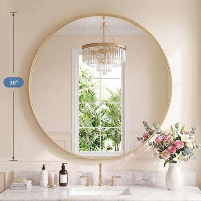 DUMOS Round Wall Mirror 30 Inch, Bathroom Wall Circle Mirror | Bathroom Decor for Entryway, Living Room, Vanity, Metal Frame, Tempered Glass, Anti-Rust, Hanging or Leaning, Gold