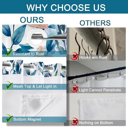 No Hook Shower Curtain and Liner Set, Dark Blue Eucalyptus 71x74 | Floral Design, with Snap in Liner, Waterproof, Machine Washable, Quick-Drying, for Hotel Bathroom