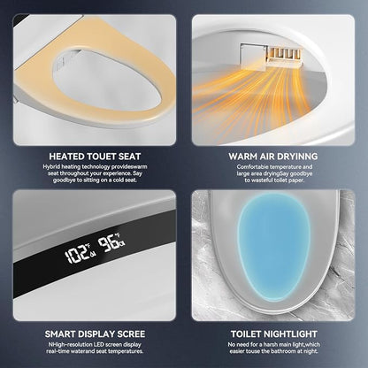 Electric Heated Bidet Toilet Seat with Auto Open/Close，Heated Toilet Seat, Instant Warm Water, Warm Air Dryer, Rear & Feminine with Oscillating Cleansing,LED Display,Remote Control,Elongated
