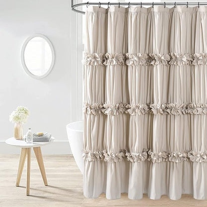 Camel Ruffle Shower Curtain 72" W x 72" H | Vintage Handcrafted Bow Tie Bath Curtain for Master Bathroom, Ruched Microfiber Bathroom Curtain with 12 Buttonholes (LQ-10)