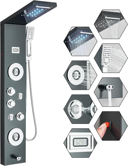 FUZ Shower Panel Tower System, Stainless Steel 6 Functions Shower Panel System with LED Fancy Rain Shower Head and Handheld, Adujstable Rain Massage Body Jets and Tub Spout, Matte Black Shower Tower