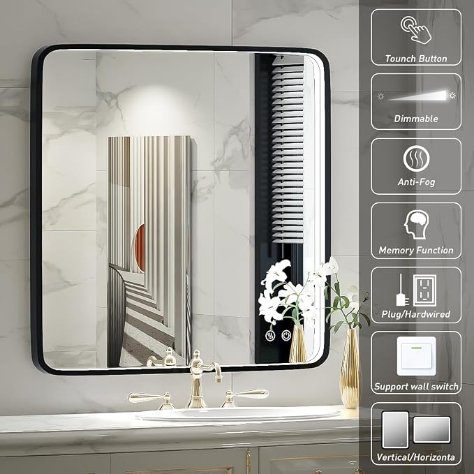 36X36 Inch LED Lighted Bathroom Mirror,Black Frame,3 Color | ETL Listed,Anti-Fog,3000K/4500K/6000K Dimmable,Horizontal & Vertical,Wall Mounted,Memory Function,Ideal for Bathroom,Vanity