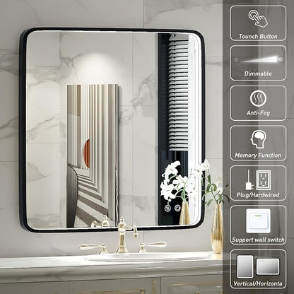 36X36 Inch LED Lighted Bathroom Mirror,Black Frame,3 Color | ETL Listed,Anti-Fog,3000K/4500K/6000K Dimmable,Horizontal & Vertical,Wall Mounted,Memory Function,Ideal for Bathroom,Vanity