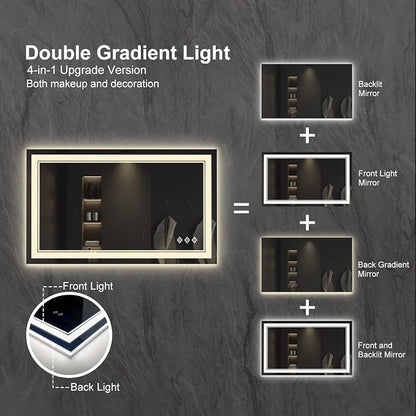 Lighted Vanity Mirror, 40x24 Inch Gradient Front and Backlight LED Vanity Mirror, 3 Colors Dimmable CRI>90 Double Lights, IP54 Enhanced Anti-Fog, Hanging Plates Wall Mount Bathroom Mirror
