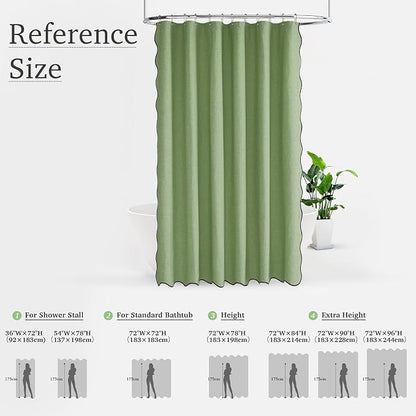 KGORGE Scalloped Green Shower Curtain with 12 Metal Hooks for Bathroom, Boho Privacy Cute Neutral Home Decor Waterproof Shower Curtains for Hotel Bathtub, Grass Green, 72 x 72 inches Long