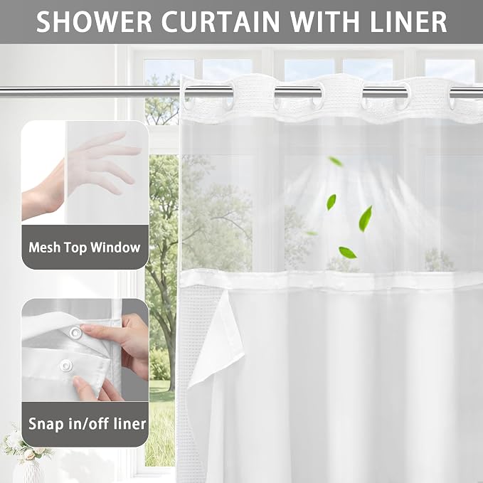 No Hook Shower Curtain and Liner Set,White Hotel Waffle Shower Curtain with Liner 75" L x 72" W