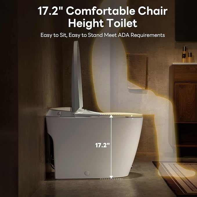 Elongated One Piece Toilet with 17.2" Comfort Height Seat, Gold | Modern Toilet for Bathroom, 1.0GPF Button & Foot Kick Flush, Air Pressure Assisted Flush, Compact Toilet, 12'' Rough-in