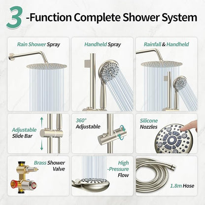 SR SUN RISE 10 Inch Rain Shower System, High Pressure Shower Heads and Handheld 6-Spray Combo Set Slide Bar Shower Faucets Sets Complete Included Valve and Trim Kit for Bathroom, Brushed Nickel