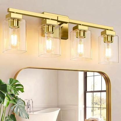 27” Bathroom Light Fixtures Over Mirror, 4-Light Gold Vanity Light | Square Clear Glass & Durable Metal, Quick & Easy Installation, Standard E26 Socket, Bright Bathroom Lighting