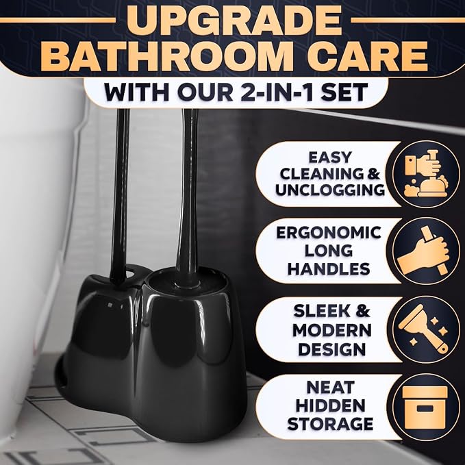 2-in-1 Black Toilet Brush and Plunger Set with Holder – Compact Bathroom Cleaning Combo, Strong Rubber Plunger & Stiff Bristle Brush, Space-Saving Stand, Fits Most Standard Toilets, 6.4×5.5×17.1 inch