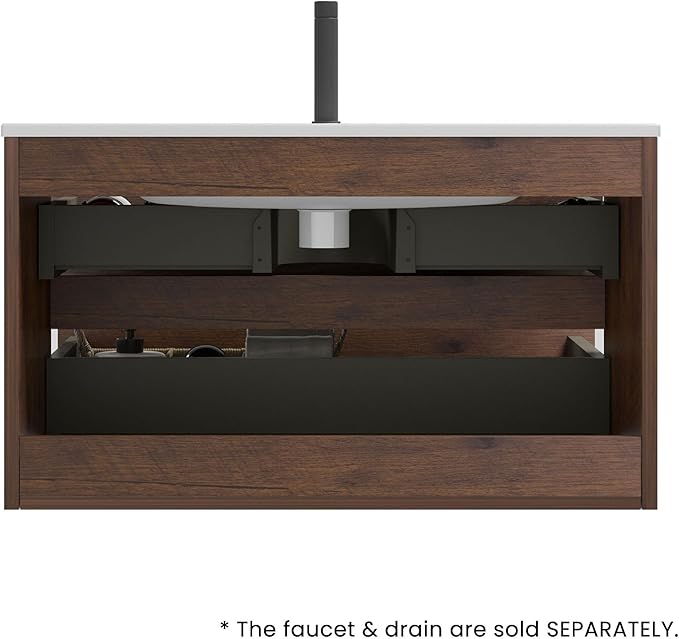 36" Bathroom Vanity with Sink, Modern Floating Vanity with Double Soft Closing Drawers, Large Storage for Small Space, Walnut, Fully Assembled - Iris Collection