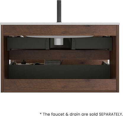 36" Bathroom Vanity with Sink, Modern Floating Vanity with Double Soft Closing Drawers, Large Storage for Small Space, Walnut, Fully Assembled - Iris Collection