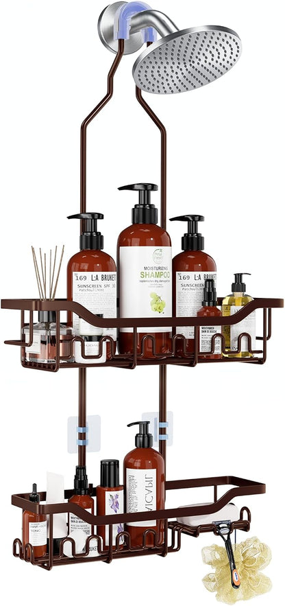 Upgraded Extended Length Shower Organizer with Hooks, Rustproof Shampoo Soap Holder, Large Hanging Bathroom Caddy, Brown