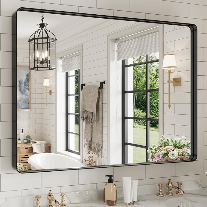 WEER Black Bathroom Mirror 50X36 Inch Metal Framed | Matte Black Vanity Mirror, Rounded Rectangle, Tempered Glass, Anti-Rust, Wall Mounted, Hangs Horizontally or Vertically