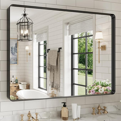 WEER Black Bathroom Mirror 50X36 Inch Metal Framed | Matte Black Vanity Mirror, Rounded Rectangle, Tempered Glass, Anti-Rust, Wall Mounted, Hangs Horizontally or Vertically