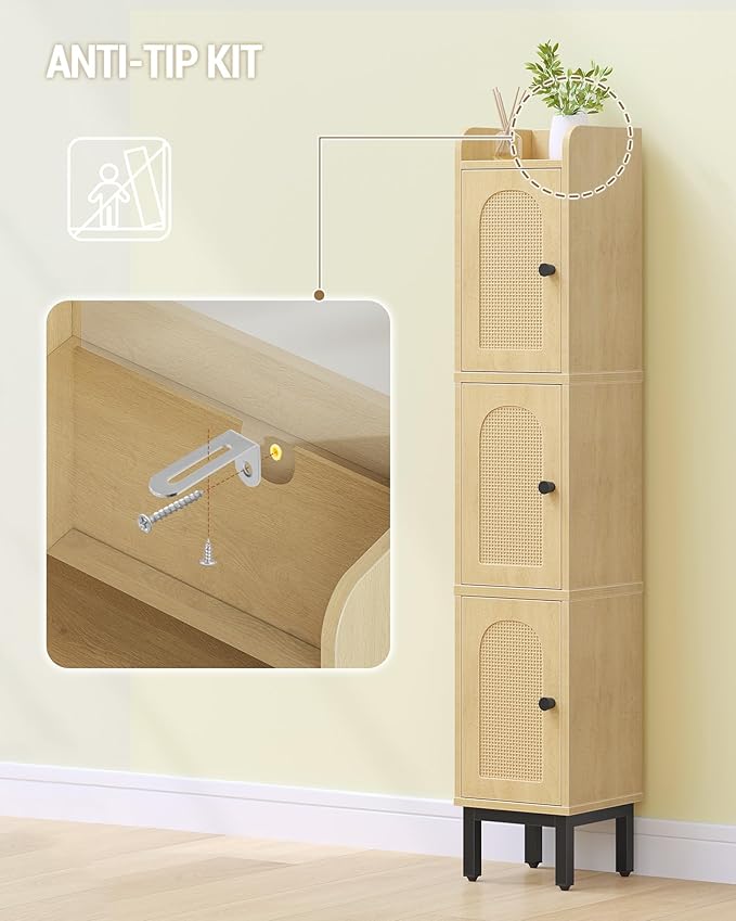 Slim Bathroom Storage Cabinet, Narrow Bathroom Organizers and Storage with 4 Adjustable Feet, Laundry Room Organization for Small Space, Kitchen, Living Room, 3 Doors Rattan Yellow BC22302Y
