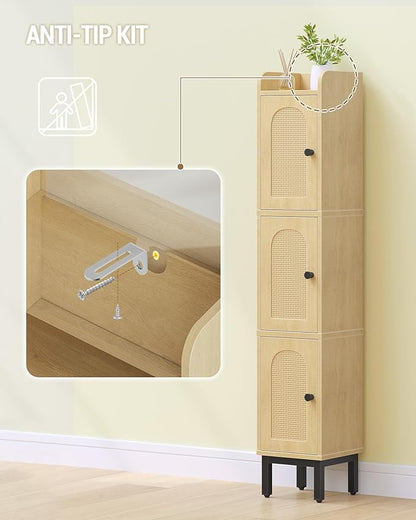 Slim Bathroom Storage Cabinet, Narrow Bathroom Organizers and Storage with 4 Adjustable Feet, Laundry Room Organization for Small Space, Kitchen, Living Room, 3 Doors Rattan Yellow BC22302Y