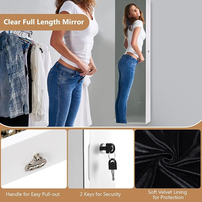 COSTWAY Wall Mounted Jewelry Armoire with Full Length Mirror & 2 LED Lights, Large Storage Capacity, Lockable Mirror Jewelry Cabinet for Women Girls (White)