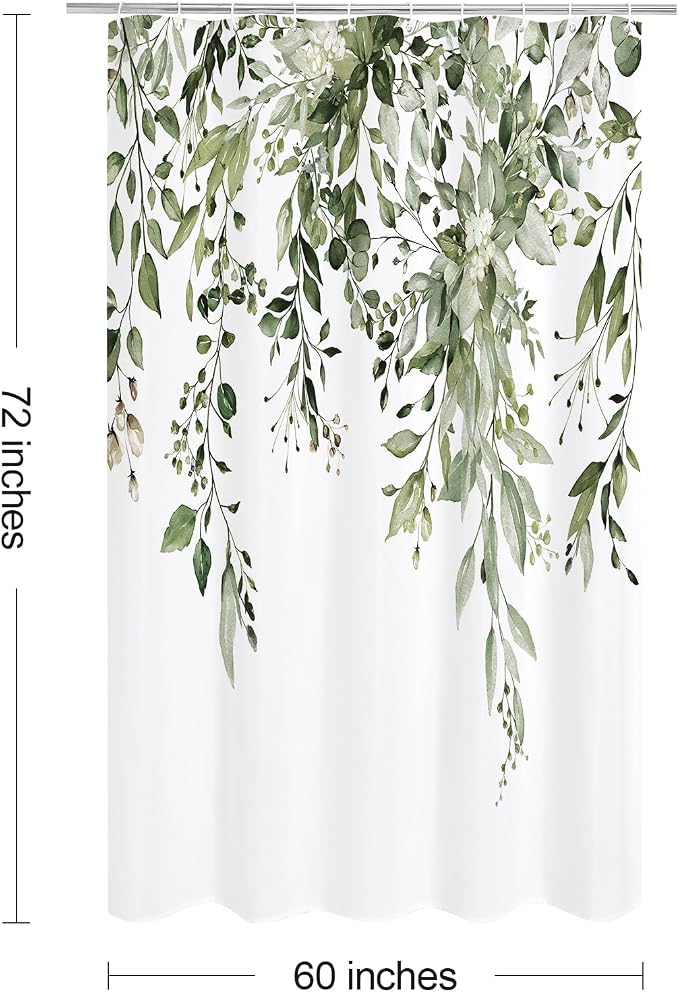 Olive Green Eucalyptus Shower Curtain, Floral Print, 60x72 | Watercolor Plant Leaves Floral Print, Stall Waterproof Fabric Bathroom Decor, Machine Washable, Rustproof Grommets