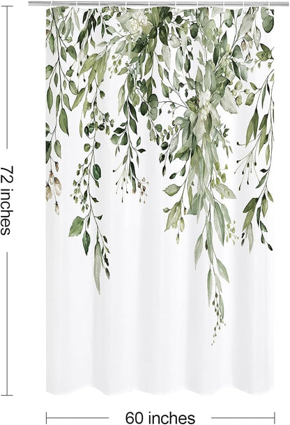 Olive Green Eucalyptus Shower Curtain, Floral Print, 60x72 | Watercolor Plant Leaves Floral Print, Stall Waterproof Fabric Bathroom Decor, Machine Washable, Rustproof Grommets