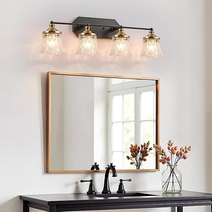 Vintage Bathroom Vanity Light Fixtures, Black and Gold 4-Light Vanity Light, Antique Bathroom Lighting Fixtures Over Mirror with Crystal Glass Shade, Vanity Lights for Bedroom Living Room Hallway
