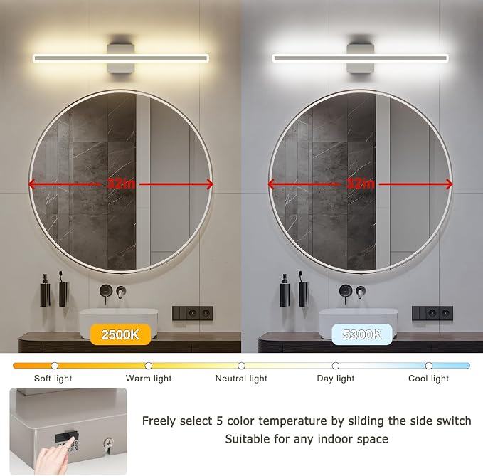 JUSHENG Brushed Nickel Vanity Lights for Bathroom, 5CCT Dimmable Vanity Light Bar, Modern LED Bathroom Lighting Fixtures Above Mirror 32'' Inch 24W