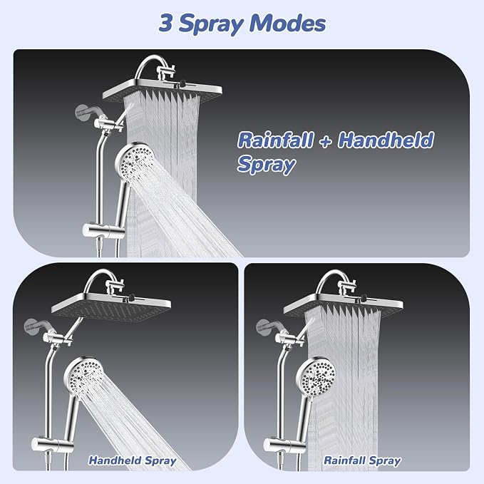 Hibbent Upgraded cUPC Certified 13'' Shower Head Combo, High Pressure 5 Spray Rainfall Showerhead with 10 Spray Modes Handheld, All Metal 3-way Diverter Shower Arm, 71'' Hose and Holder, Chrome