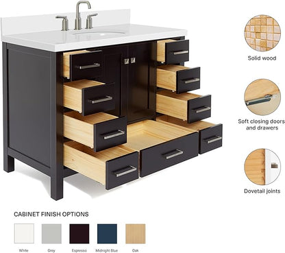 ARIEL Cambridge 42-inch Bathroom Vanity with Sink,Solid Wood, 1.5-inch Pure White Quartz Countertop & Backsplash, Single Oval Porcelain Sink, 2 Soft Closing Doors, 9 Dovetail Drawers, Espresso