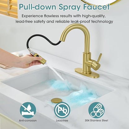 Gold Bathroom Faucet with Pull Down Sprayer, Single Hole Bathroom Faucet with Pop-up Drain and Flexible Hoses, 1 Handle Sink Faucets for Vanity, Modern Farmhouse, Vanity, Restroom