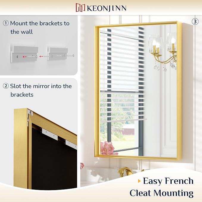 Keonjinn 48x36 Inch Gold Bathroom Mirror for Over Sink, Rectangular | HD Tempered Glass, Vanity Mirror, Brushed Framed, Square Corner, Modern Farmhouse, Wall Mounted Mirrors, Aluminum Alloy