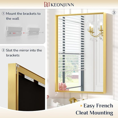 Keonjinn 30x30 Inch Brushed Gold Bathroom Mirror for Over Sink, Square | HD Tempered Glass, Vanity Mirror, Brushed Framed, Square Corner, Modern Farmhouse, Wall Mounted Mirrors, Aluminum Alloy
