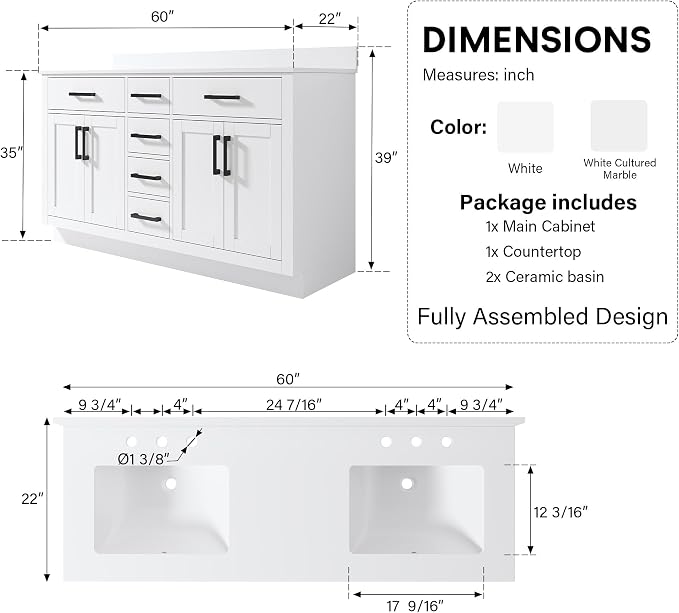 60-Inch Bathroom Vanity with Double Sinks W/ 4 Doors & 4 Drawers & 2 Flip Drawers, White Vanity W/Matte Black Handles