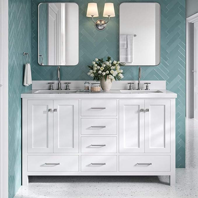 DKB Beckford 60" White Double Bathroom Vanity with Sink, 1.5" Pure White Quartz Countertop, Rectangular Undermount Sinks, 4 Soft Closing Doors, 6 Full Extension Dovetail Drawers
