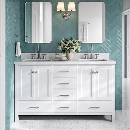 DKB Beckford 60" White Double Bathroom Vanity with Sink, 1.5" Pure White Quartz Countertop, Rectangular Undermount Sinks, 4 Soft Closing Doors, 6 Full Extension Dovetail Drawers