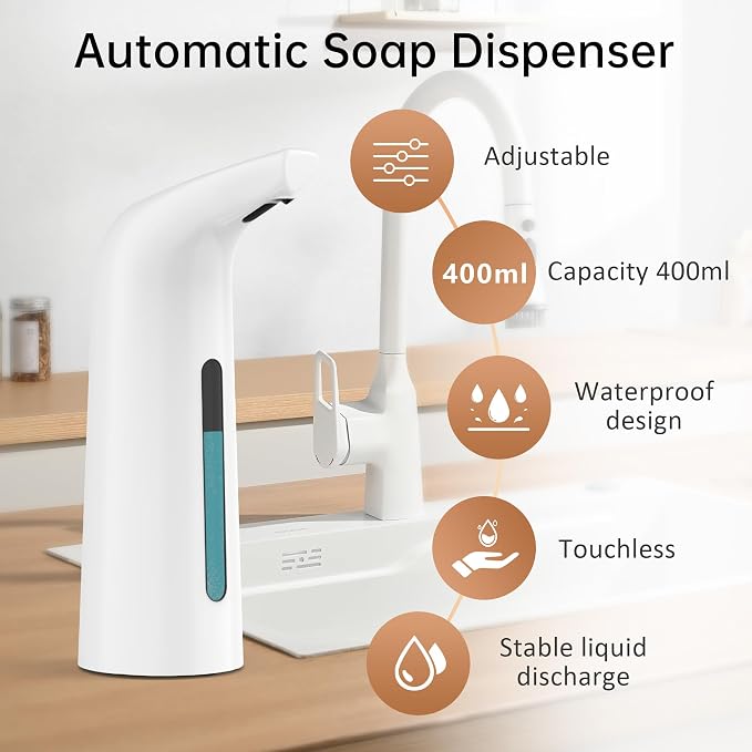 Automatic Liquid Soap Dispenser, 4-Level,Rechargeable | Plastic,13.5oz/400ml White Touchless Electric Hand & Dish Countertop Soap Dispensers with Sensor for Bathroom,Kitchen Sink