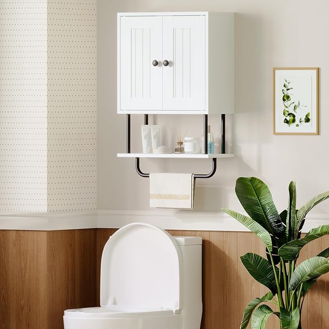 HOOBRO Bathroom Wall Cabinet, Modern Medicine Cabinet with Open and Adjustable Shelf, Over The Toilet Storage Cabinet with Towel Bar, Wall Mounted Organizer for Bathroom, Kitchen, White and Black