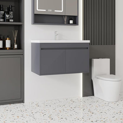 32'' Bathroom Vanity with Ceramic Sink Combo, Wall Mounted Small Bathroom Vanity with Soft-Close Door Modern Floating Cabinet, Pop-up Drain, P-Trap Included, Gray(No Faucet)