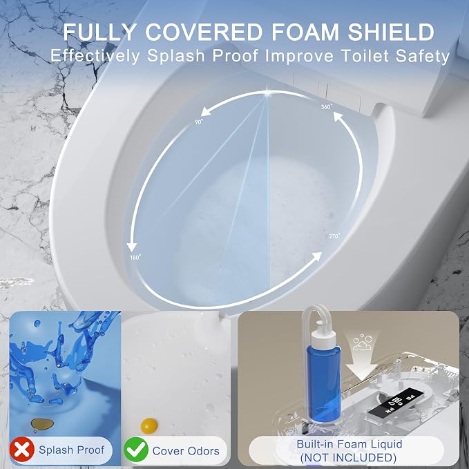 Luxury Smart Toilet with Foam Shield Auto-Open/Close Lid | Heated Seat for Bathrooms, Multiple Cleaning Modes,Aromatic Spray,Air Purification,Foot Sensor