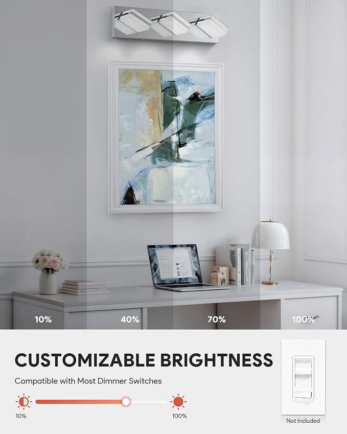 VONLUCE LED Modern Bathroom Vanity Light Fixture, Chrome | 18'', 3-Light, 3CCT, 360° Rotate, High CRI, Flicker-free, Dimmable, Memory Function, Waterproof IP44, Easy Installation