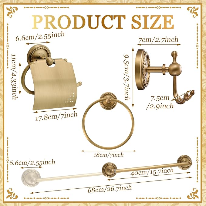 4 Pcs Antique Brass Gold Bathroom Accessories Set Wall-mounted Adjustable Towel Rack & Round Towel Ring & Covered Toilet Paper Holder & Robe Hook Wall Mounted Brass Vintage Bath Hardware Set