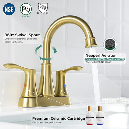 PARLOS Swivel Spout 2-Handle Bathroom Faucet Brushed Gold with Pop-up Drain & Supply Lines, Demeter 1362708