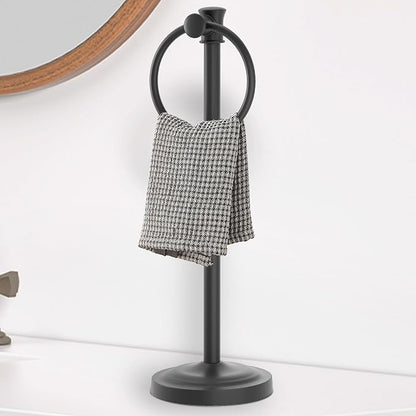 Hoimpro Hand Towel Holder Free Standing Towel Bar Matte Black | Hanging Floor Hand Towel Rack Ring, for Bathroom Kitchen Vanity Countertops, Hardware Accessories SUS 304 Heavy-Duty Base