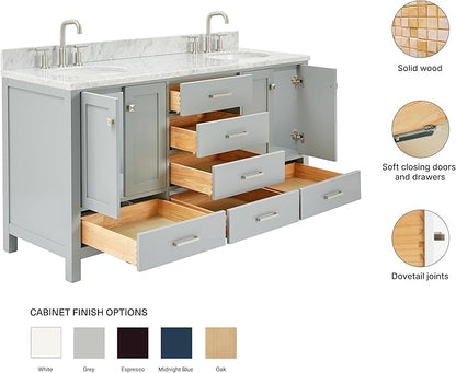 ARIEL Cambridge 66-inch Bathroom Vanity with Sink,Solid Wood, 0.75-inch Italian Carrara Marble Countertop & Backsplash, Double Oval Porcelain Sink, 4 Soft Closing Doors, 6 Dovetail Drawers, Grey